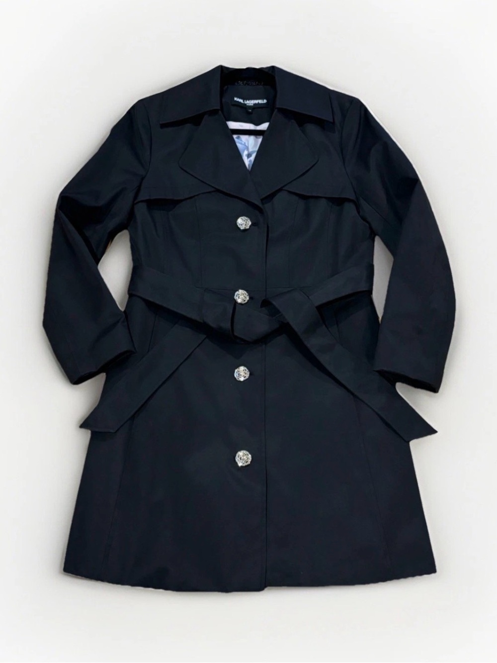Karl Lagerfeld Trench Coat Floral Lining Belted Size Small Classic Tailored